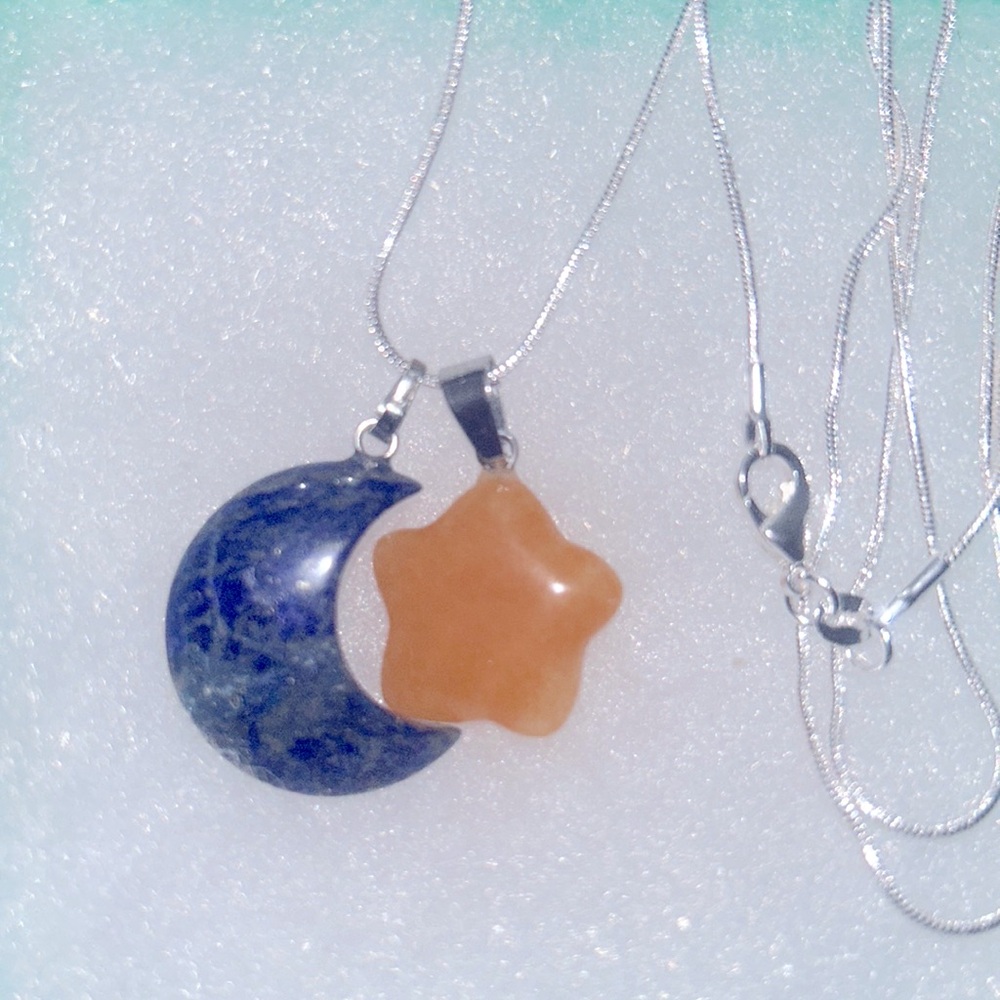 Boho hippie Blue Lapis Lazuli Moon 🌙 and Agate Star Sterling Silver 30” N…